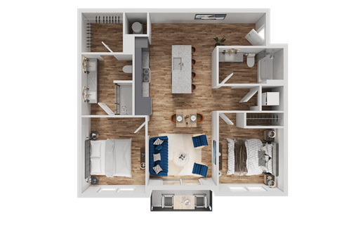 Floor plan for 2 beds, 2 baths, 929 sqft